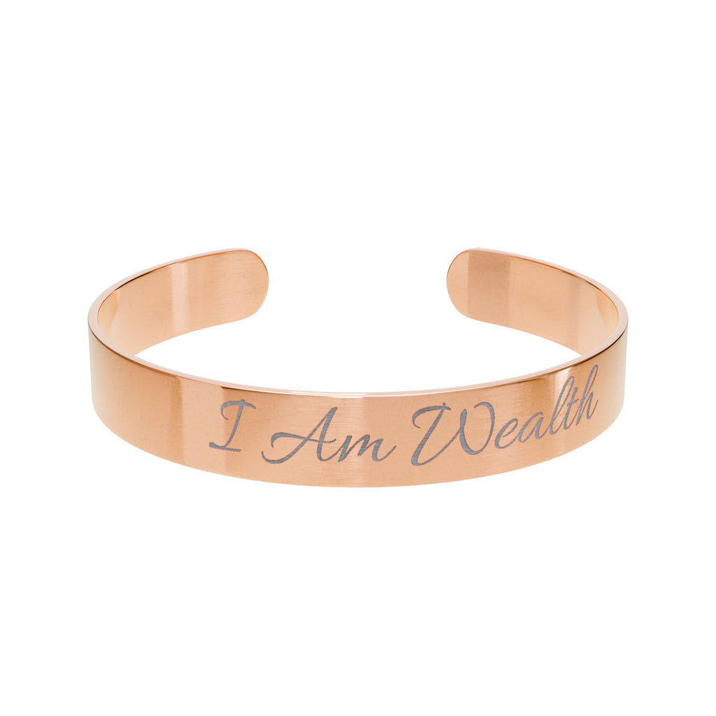 Rose Gold Engraved Cuff Bracelet – “I Am Wealth” Inspirational Bangle