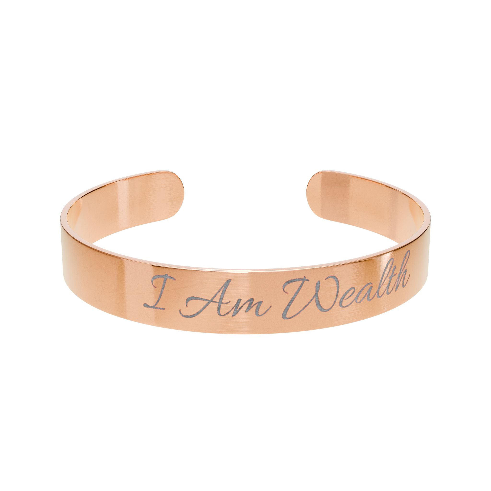 Rose Gold Engraved Cuff Bracelet – “I Am Wealth” Inspirational Bangle